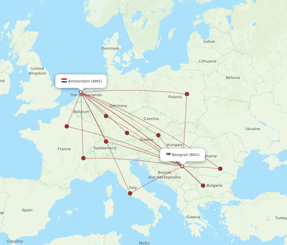 AMS to BEG flights and routes map