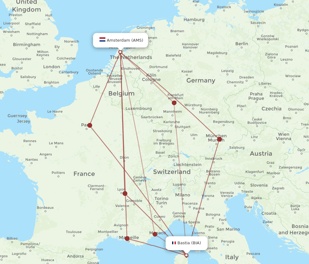 AMS-BIA flight routes