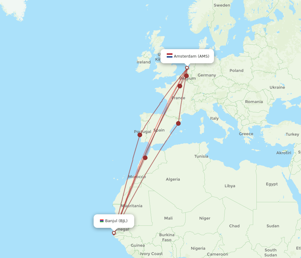 AMS-BJL flight routes