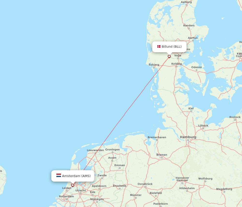 AMS to BLL flights and routes map