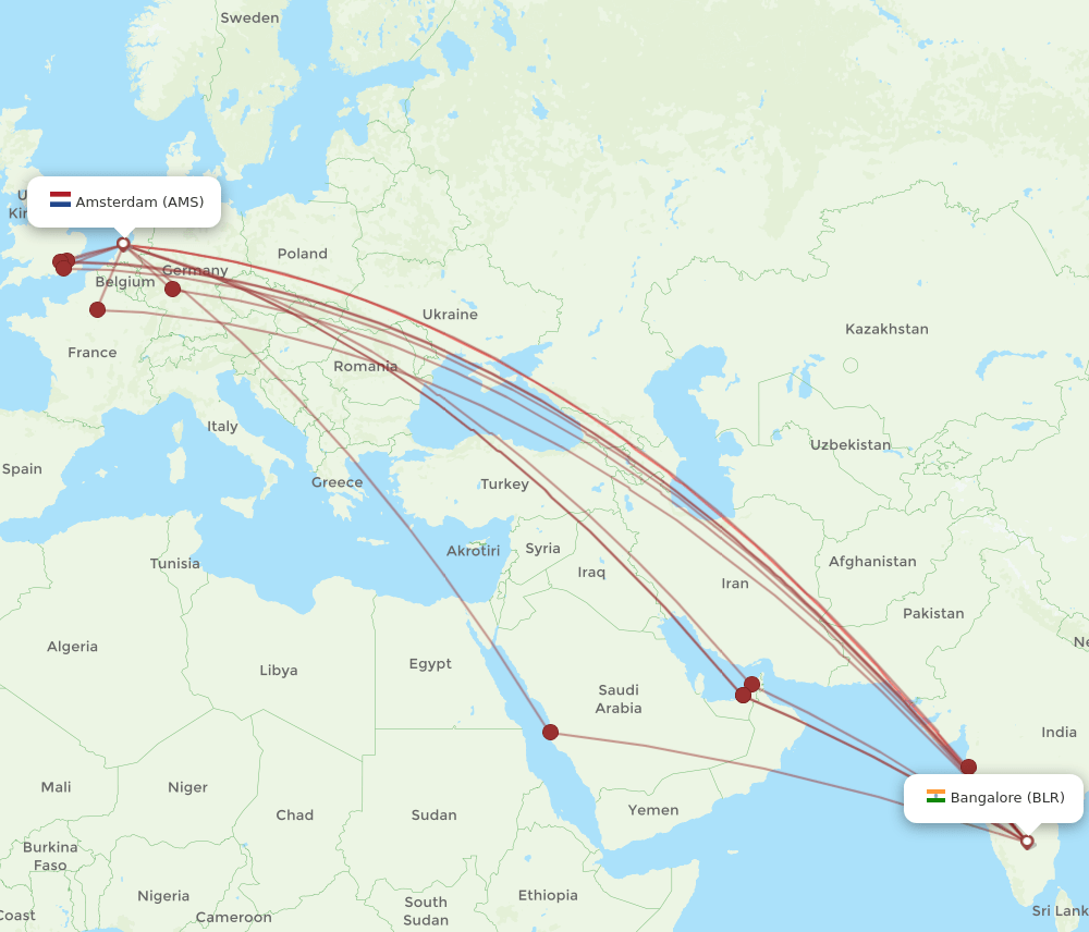 AMS-BLR flight routes