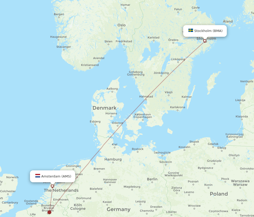 Amsterdam - Stockholm route map and flight paths