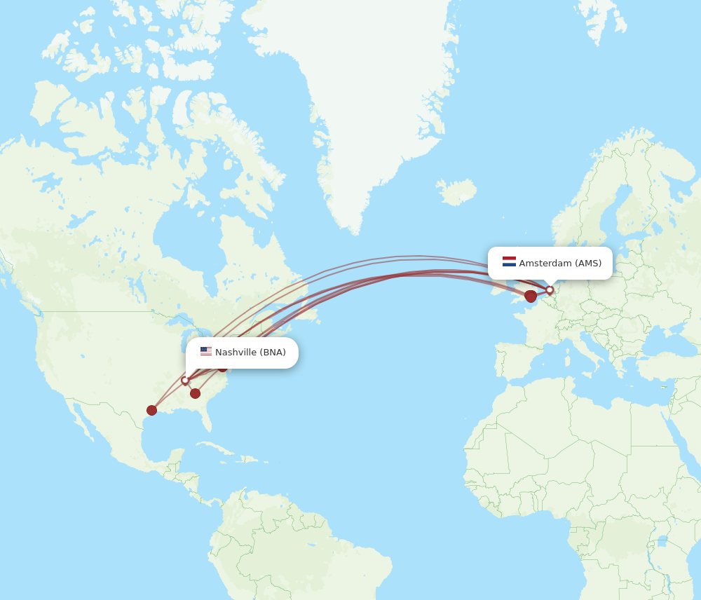 AMS to BNA flights and routes map