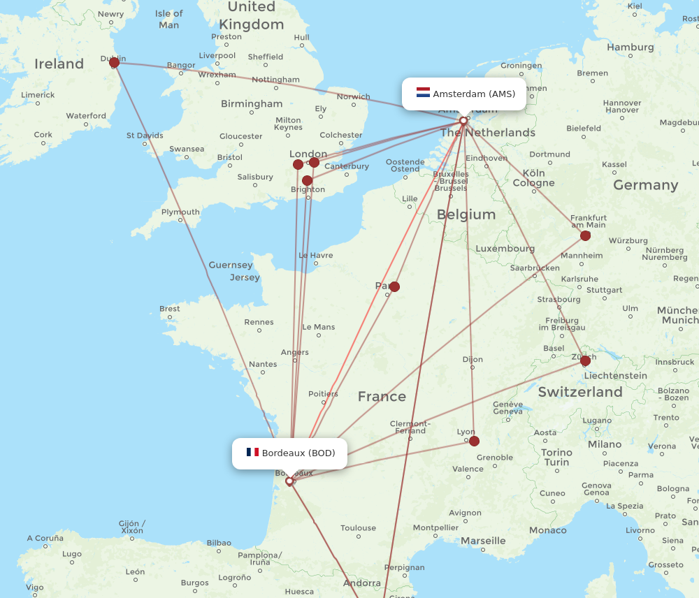 AMS to BOD flights and routes map
