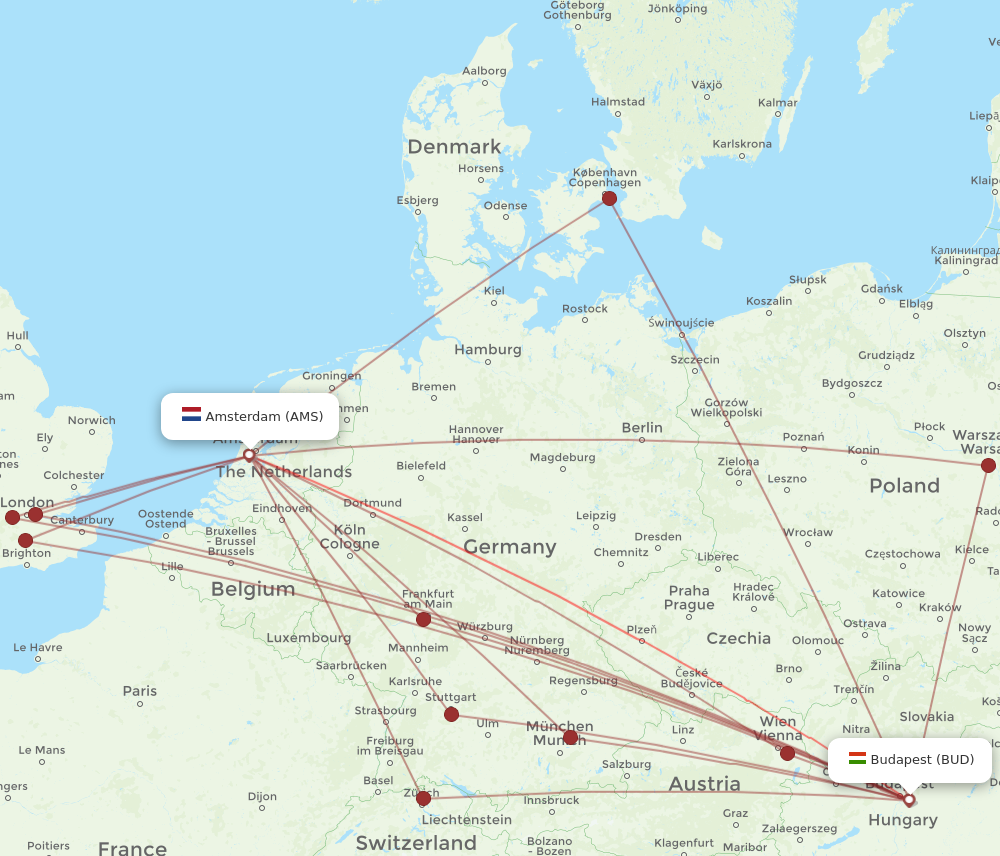 AMS to BUD flights and routes map
