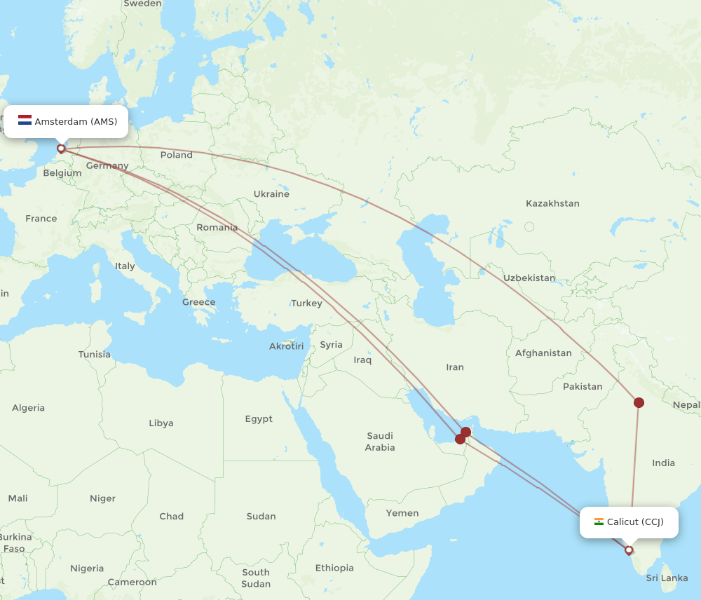 AMS to CCJ flights and routes map