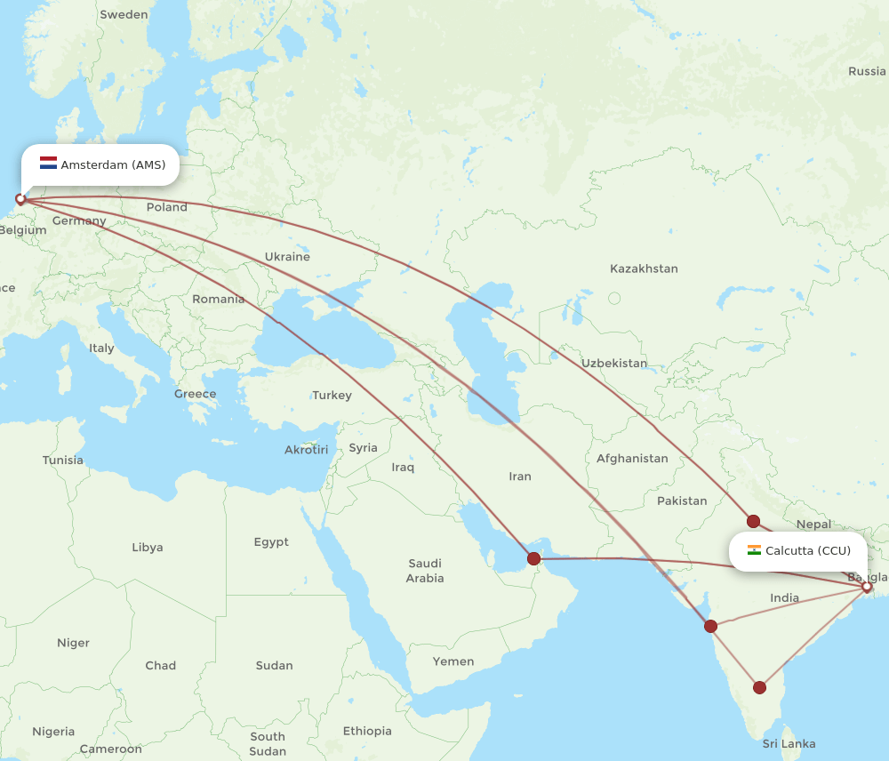 AMS-CCU flight routes