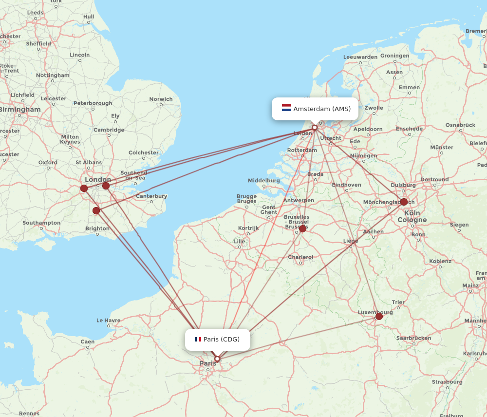 AMS to CDG flights and routes map