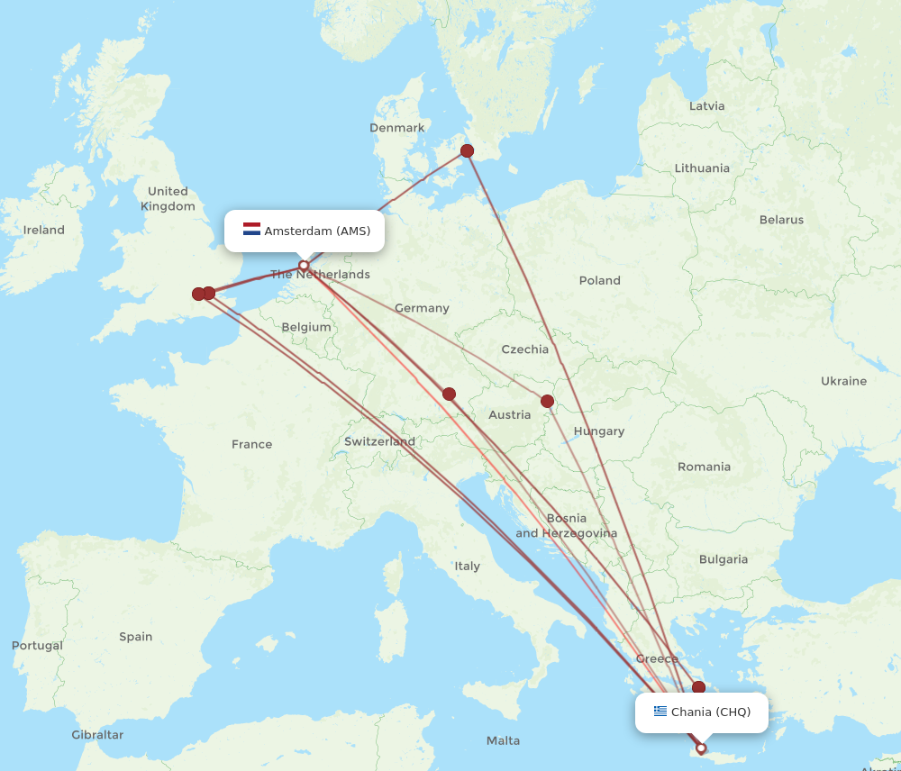 AMS to CHQ flights and routes map