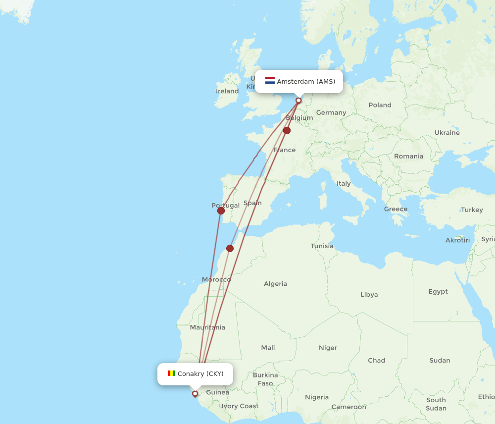 AMS-CKY flight routes