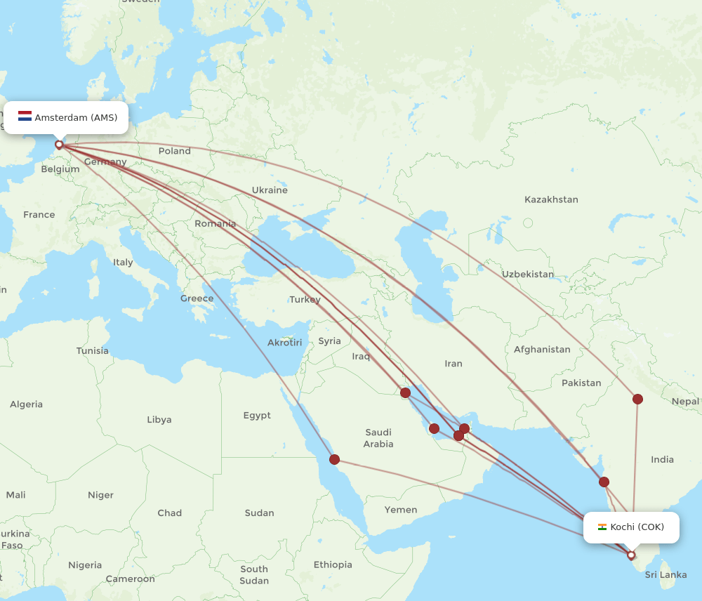 AMS-COK flight routes