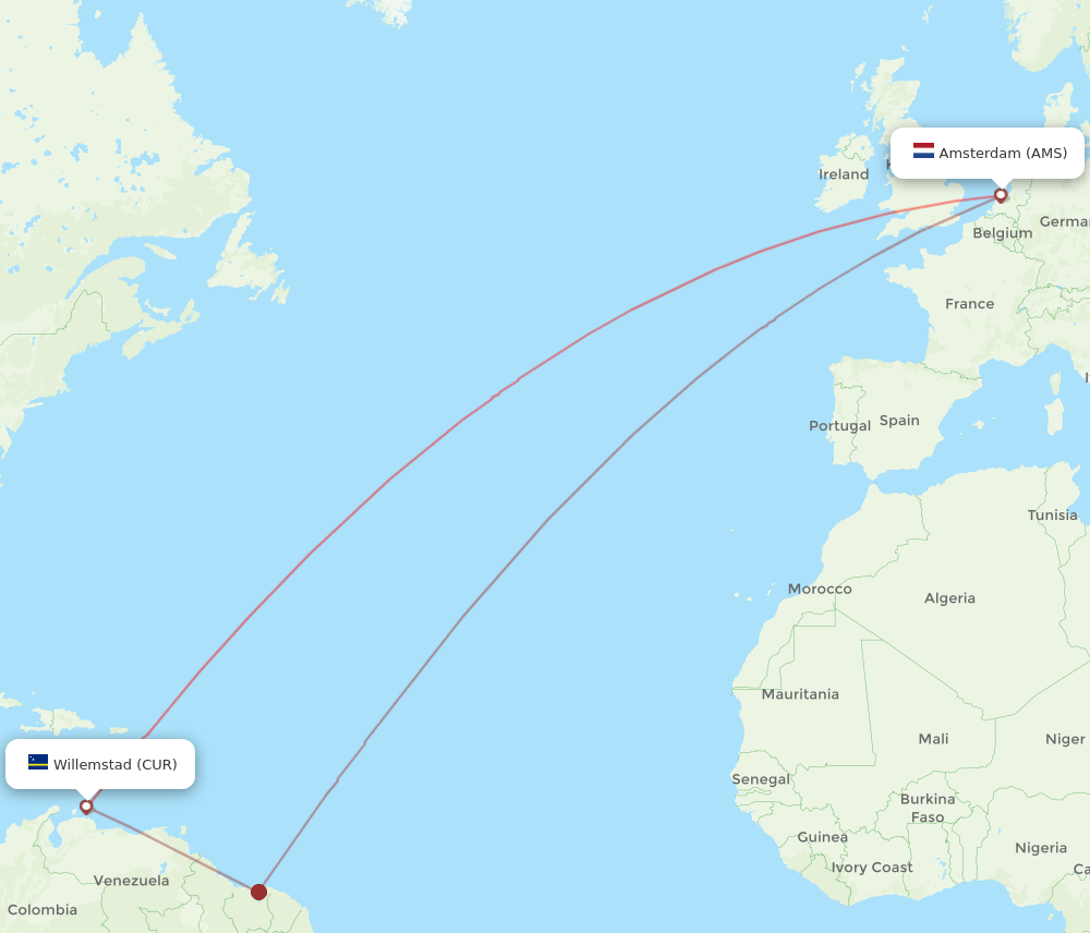 AMS-CUR flight routes