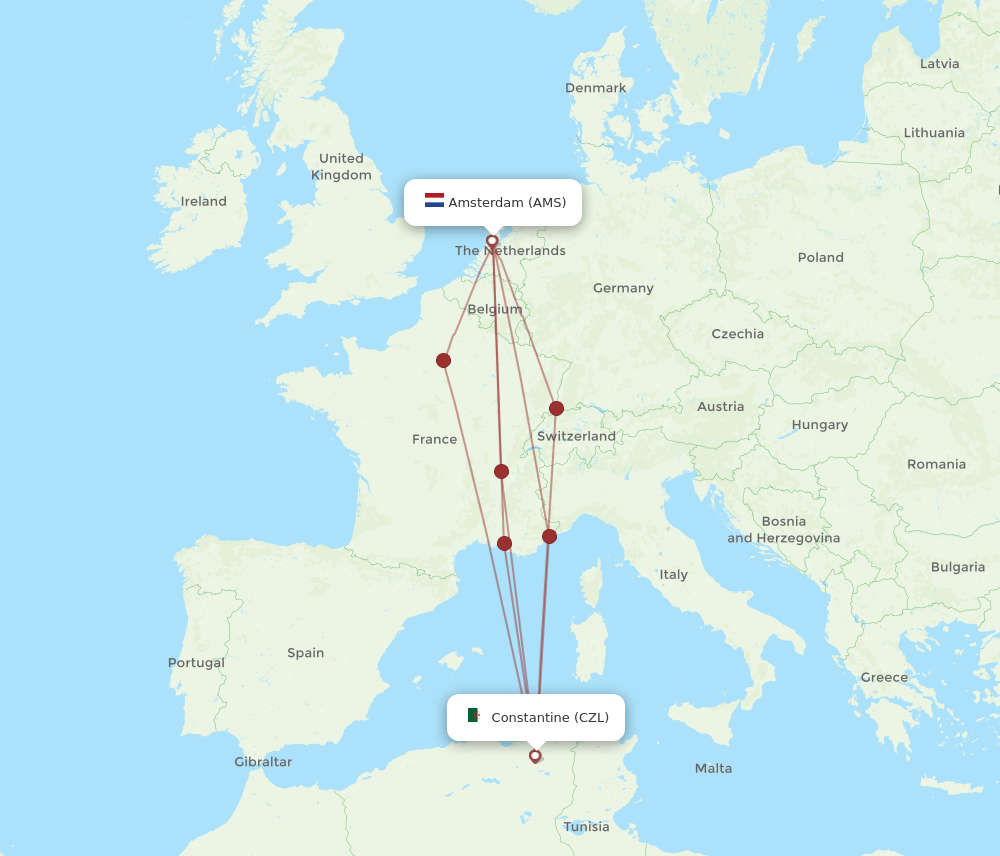 AMS-CZL flight routes