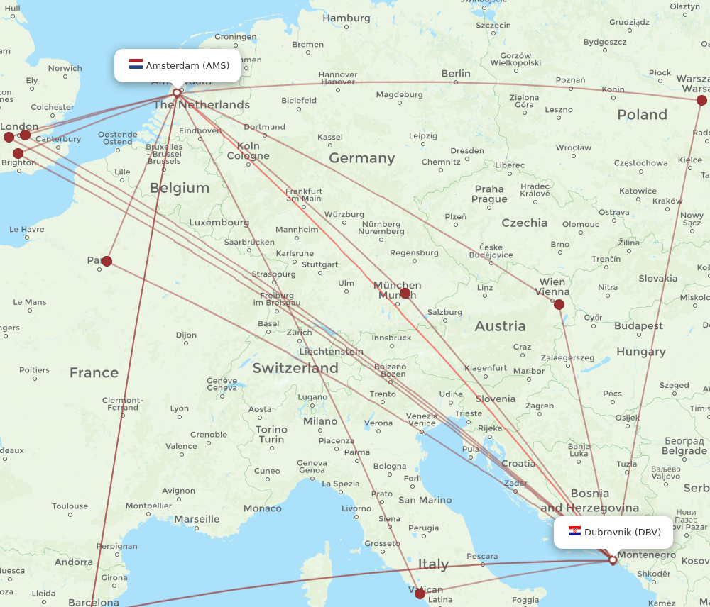 AMS to DBV flights and routes map