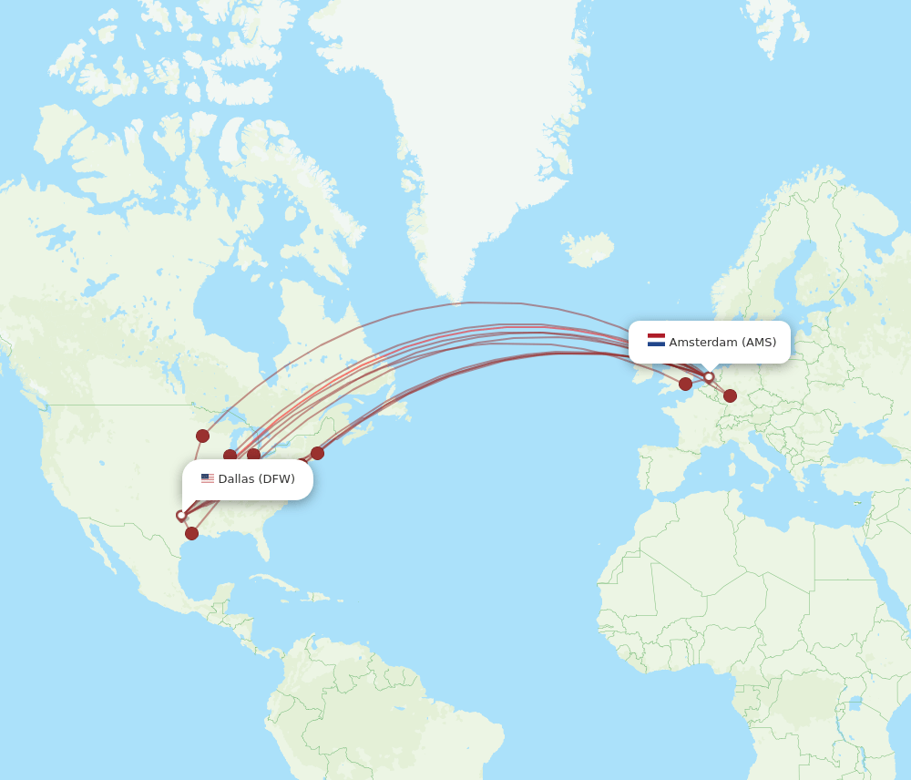AMS-DFW flight routes