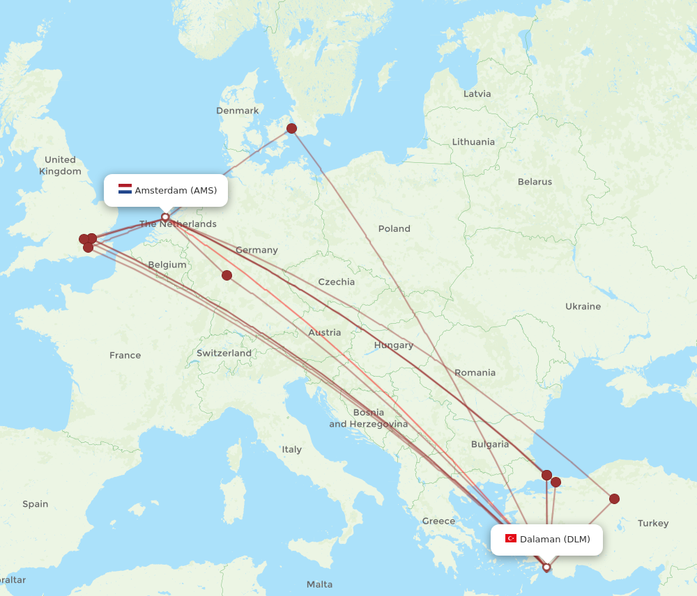 AMS to DLM flights and routes map