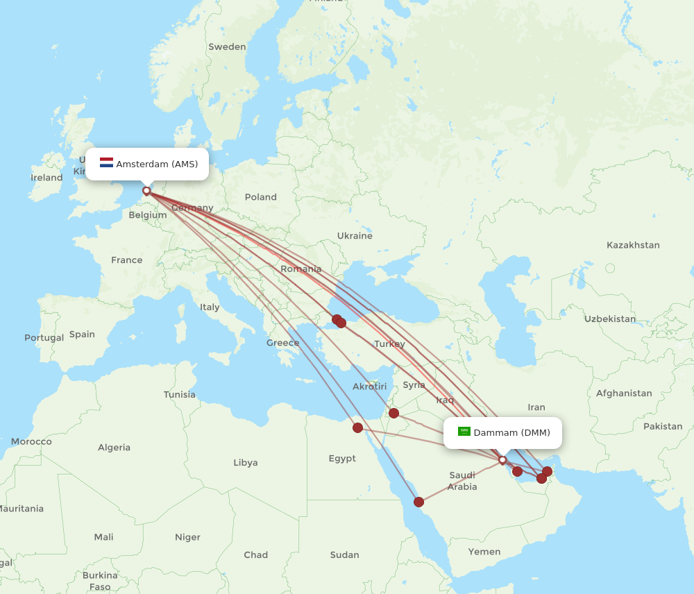 AMS to DMM flights and routes map