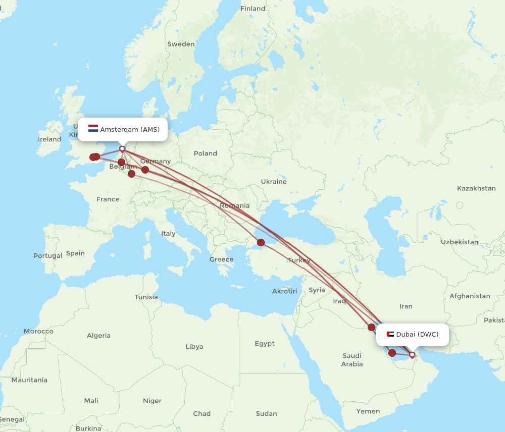 AMS to DWC flights and routes map