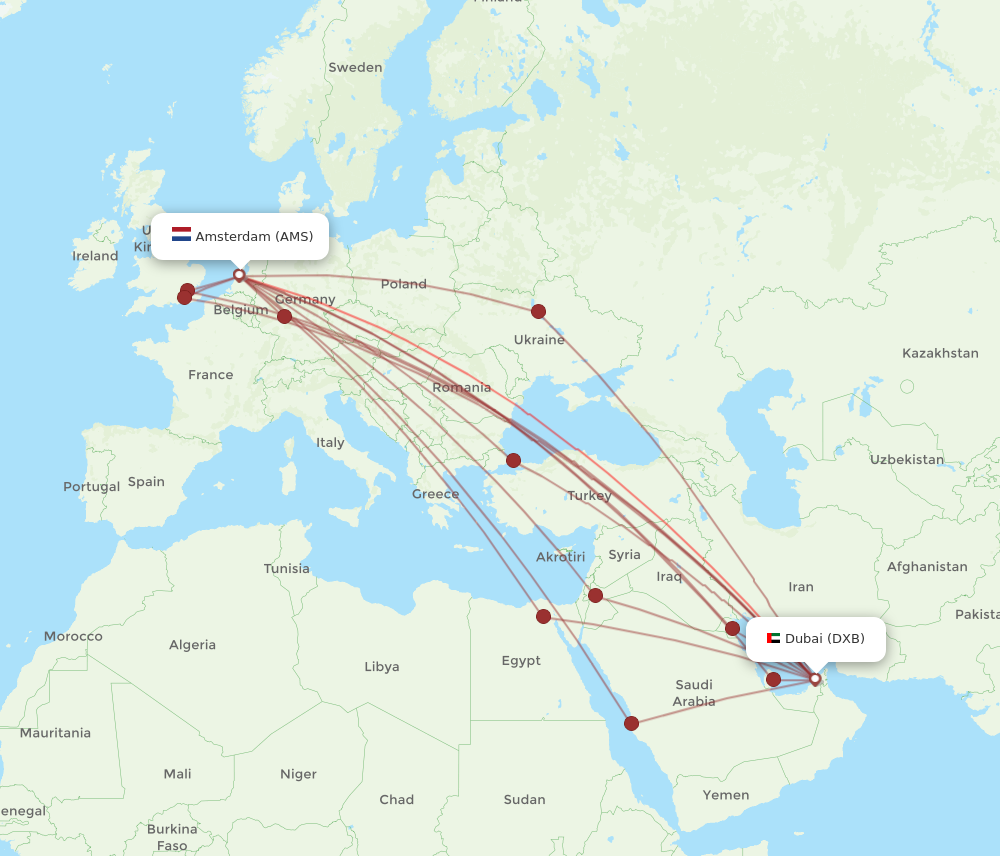 AMS to DXB flights and routes map