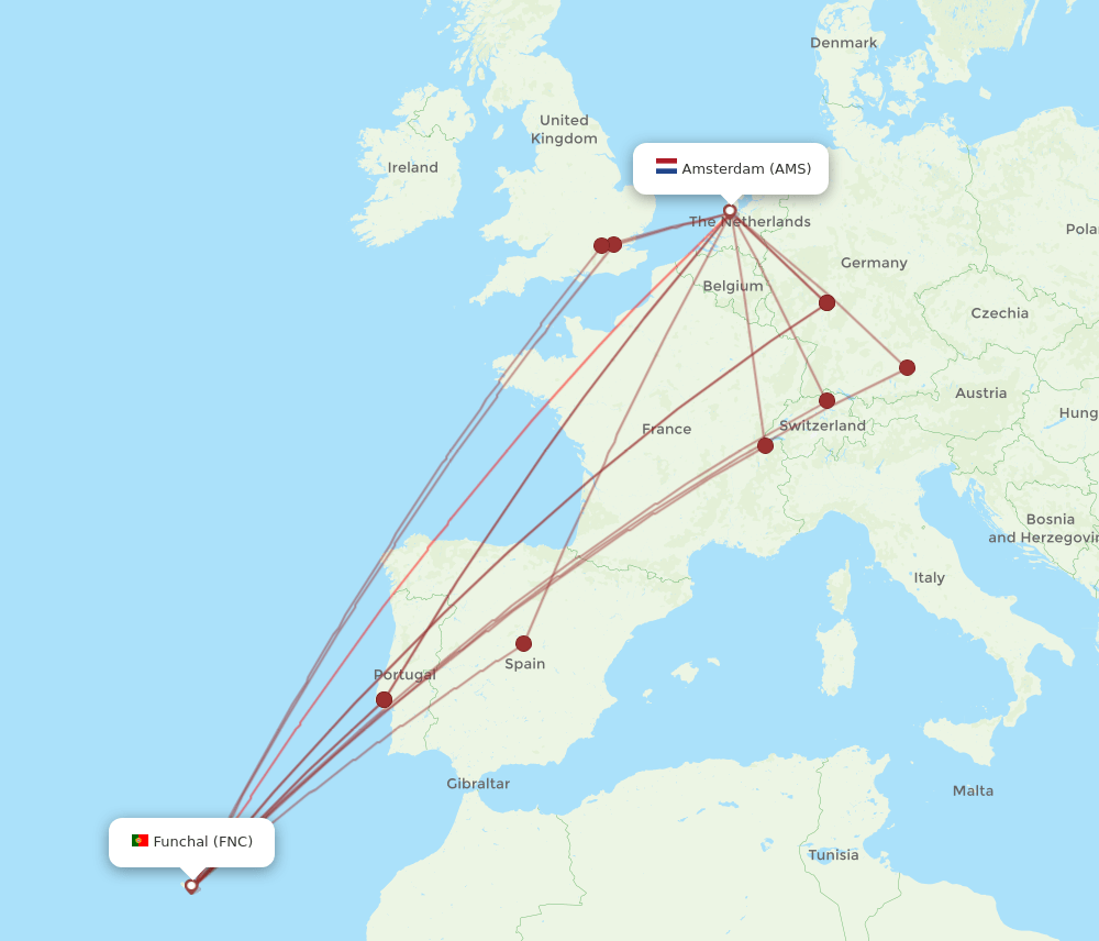 AMS to FNC flights and routes map
