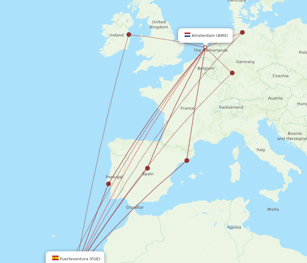 AMS-FUE flight routes