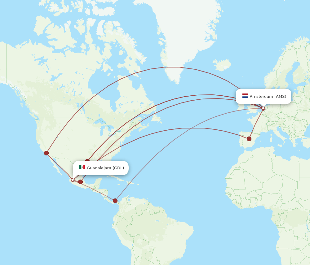 AMS-GDL flight routes