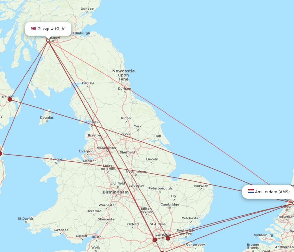 AMS to GLA flights and routes map