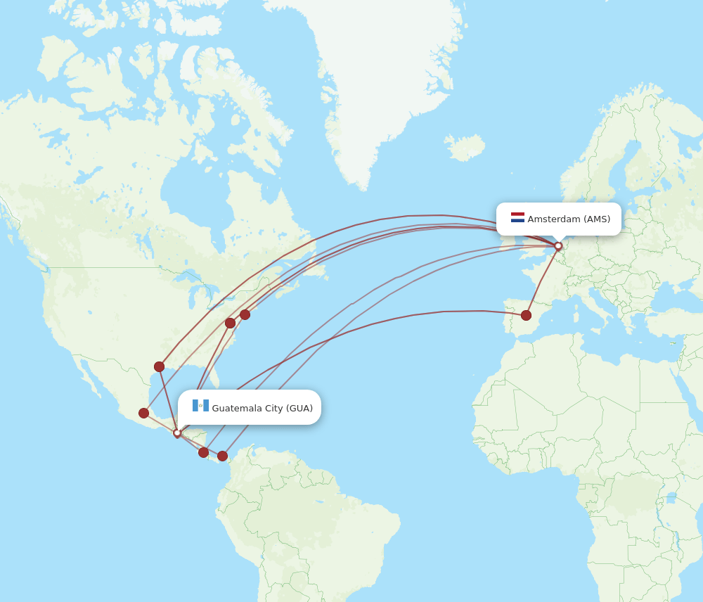AMS to GUA flights and routes map