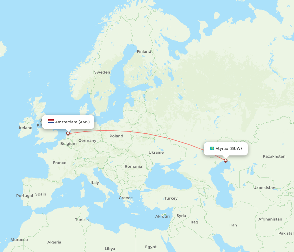 Amsterdam - Atyrau route map and flight paths