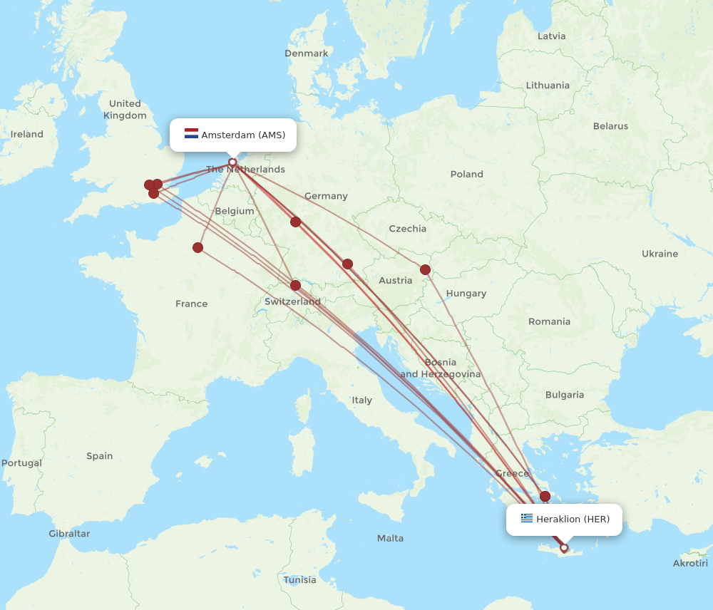 AMS to HER flights and routes map