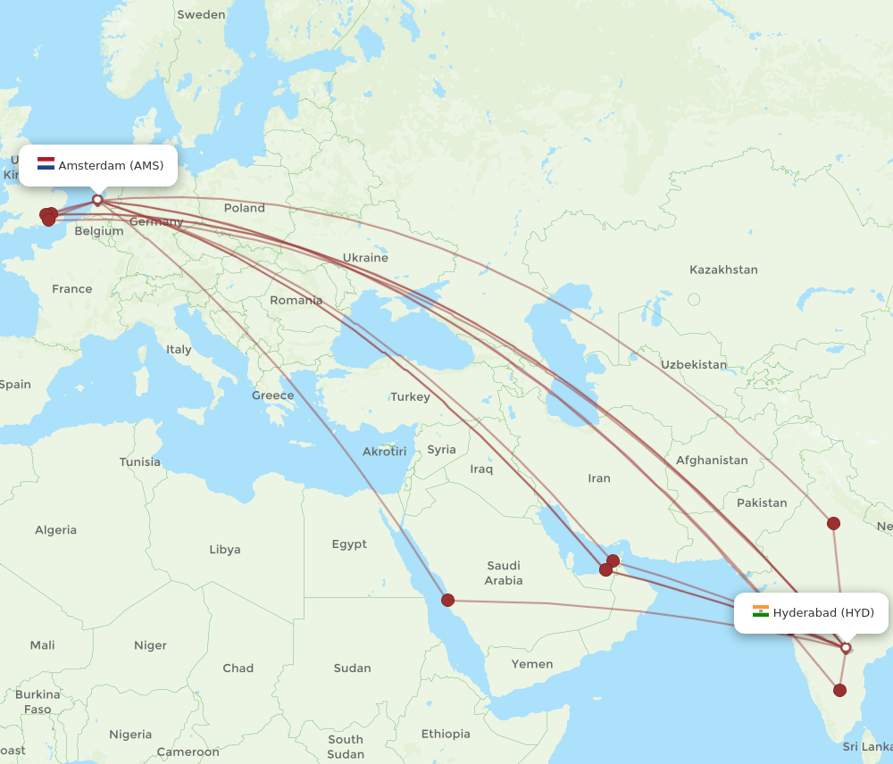 AMS to HYD flights and routes map