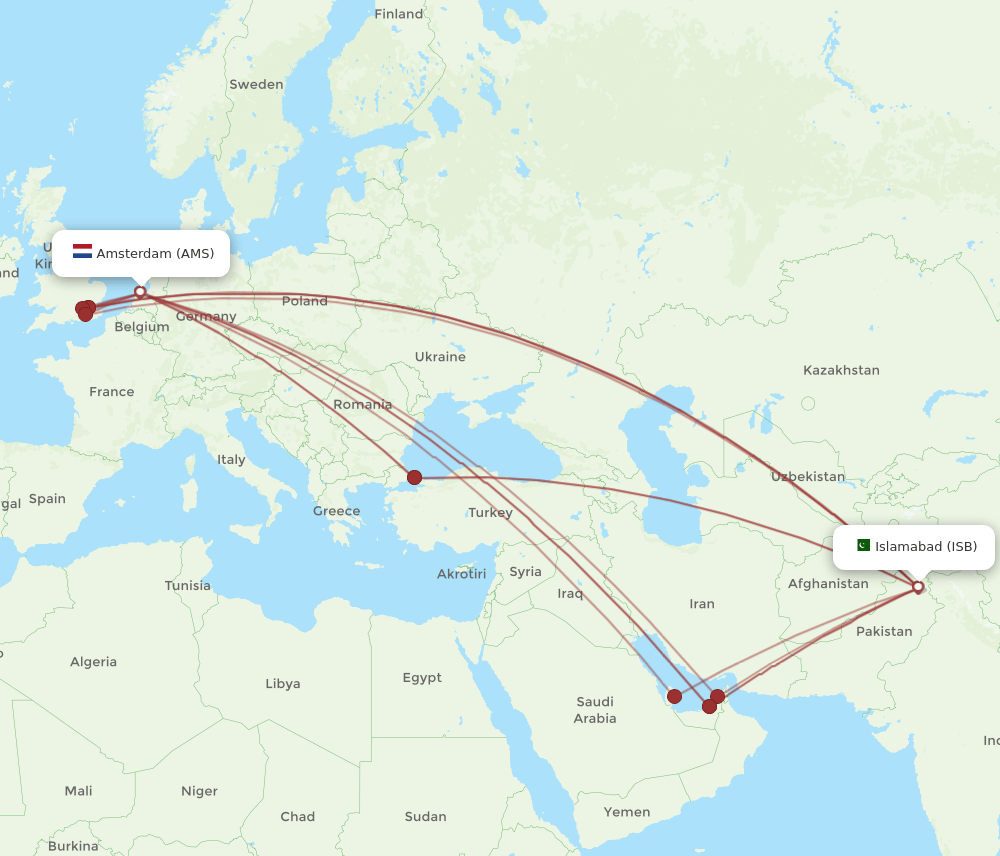 AMS-ISB flight routes