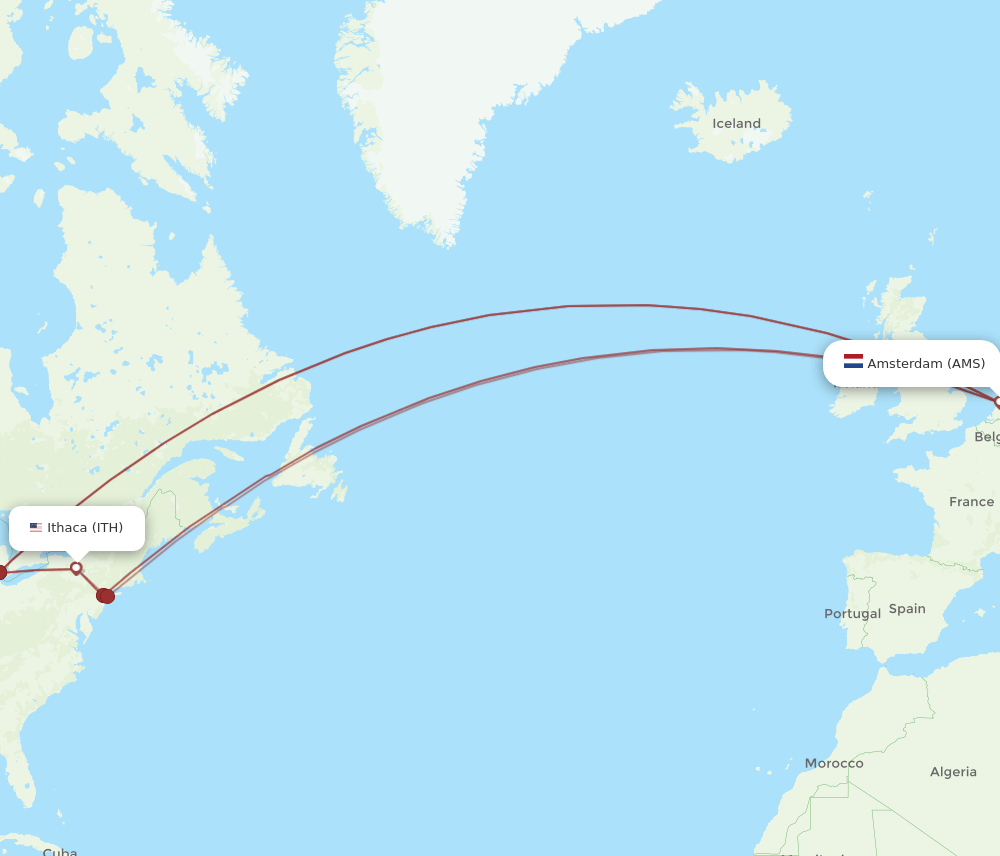 AMS-ITH flight routes