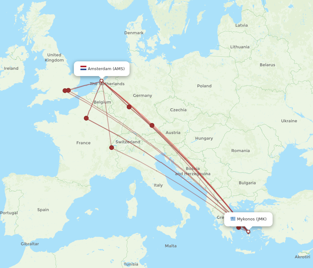 AMS to JMK flights and routes map