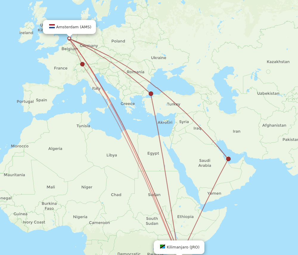 AMS-JRO flight routes