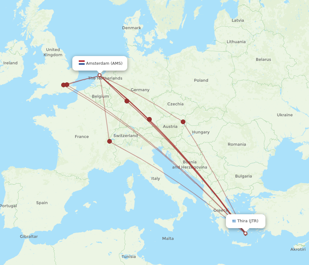 AMS to JTR flights and routes map