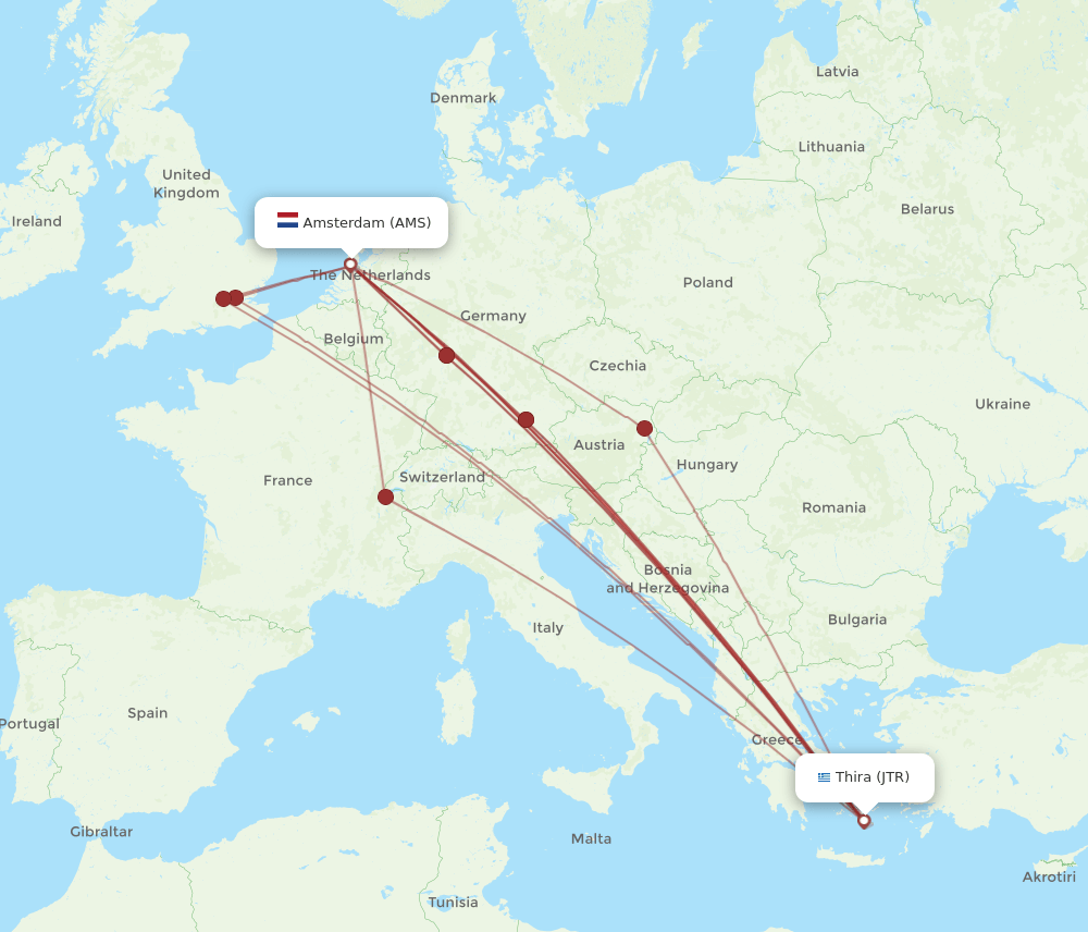 AMS-JTR flight routes