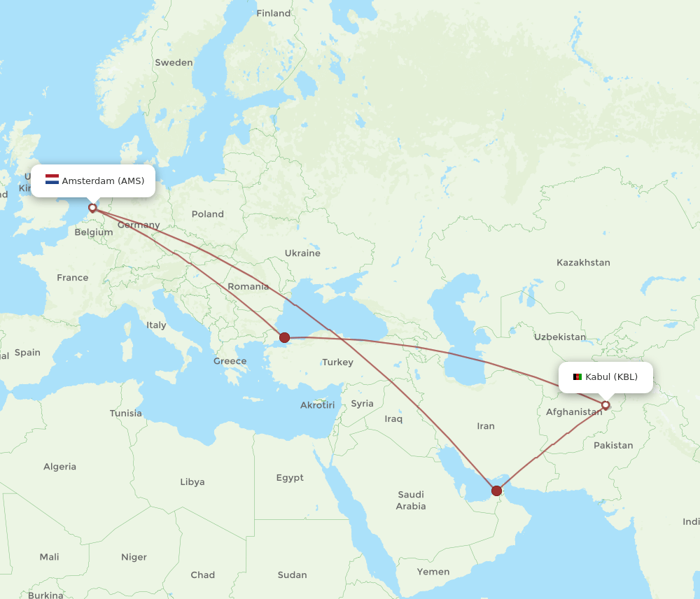 AMS to KBL flights and routes map