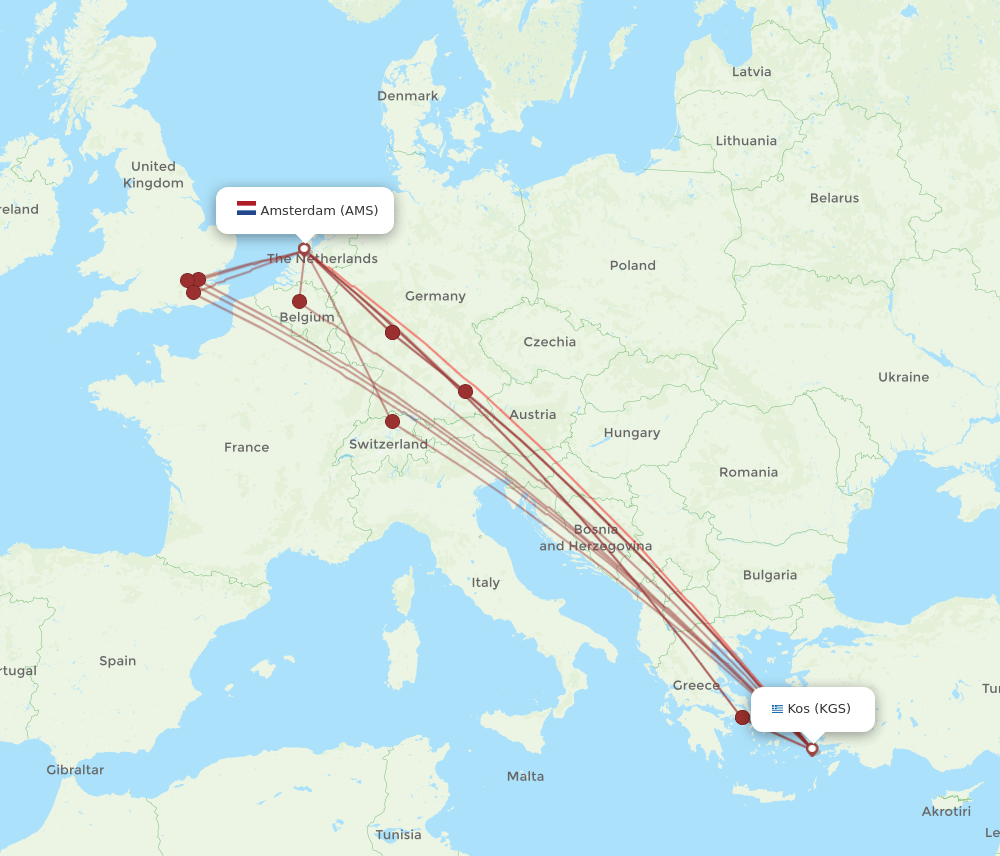 AMS-KGS flight routes