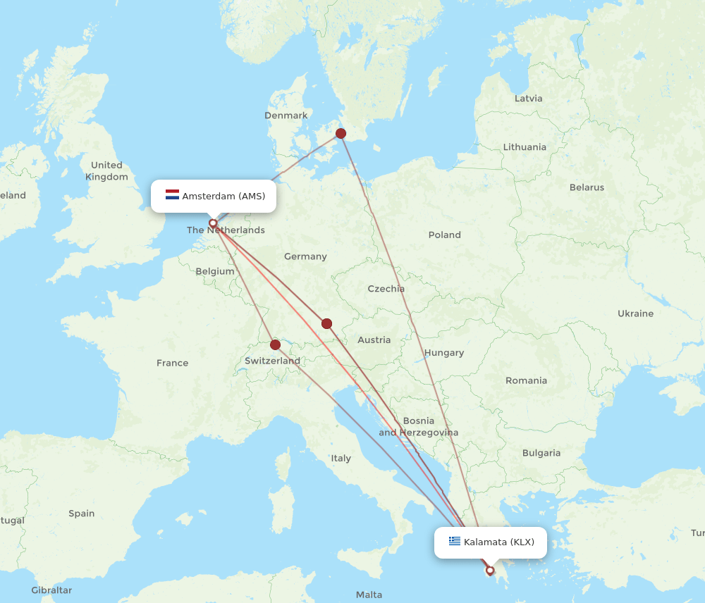 AMS-KLX flight routes