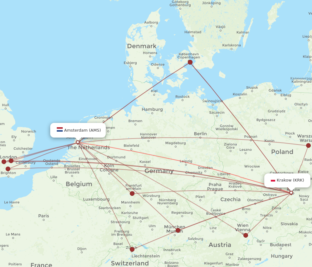 AMS to KRK flights and routes map