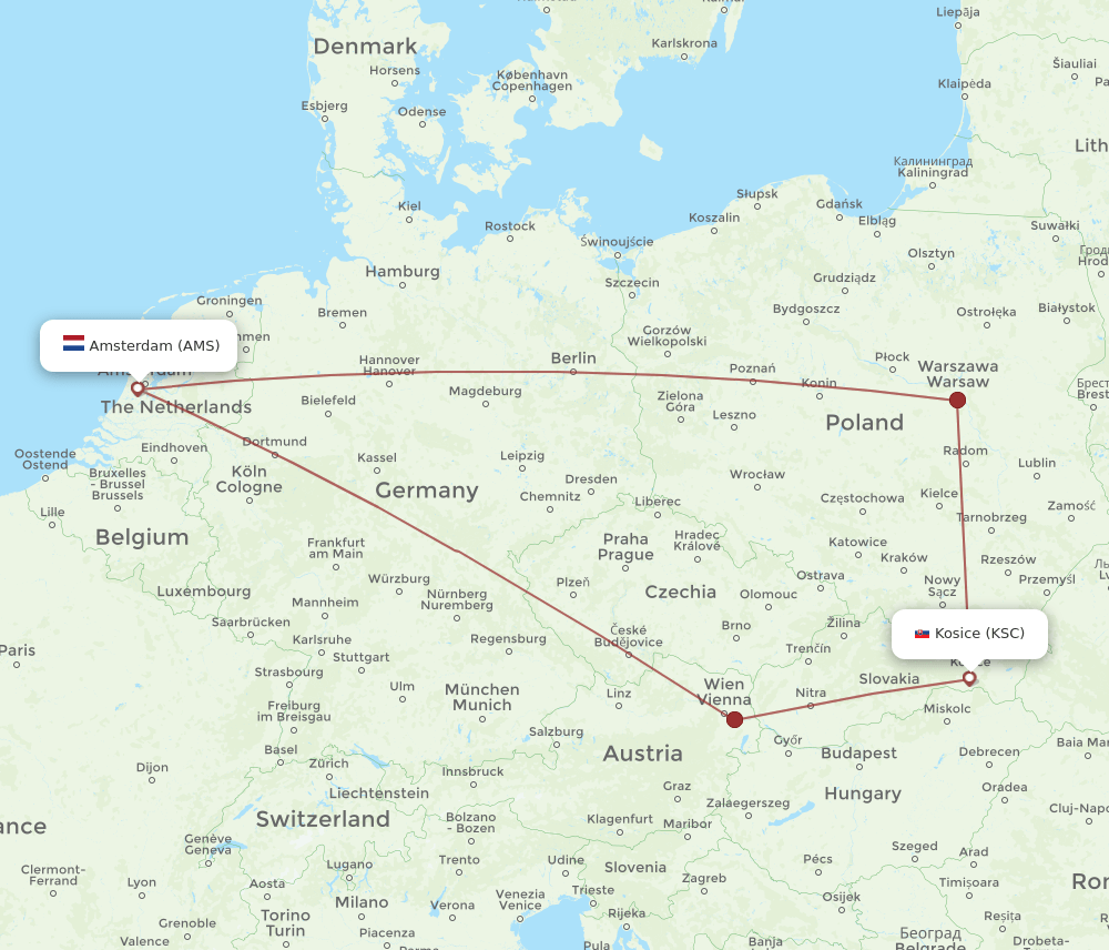 AMS-KSC flight routes