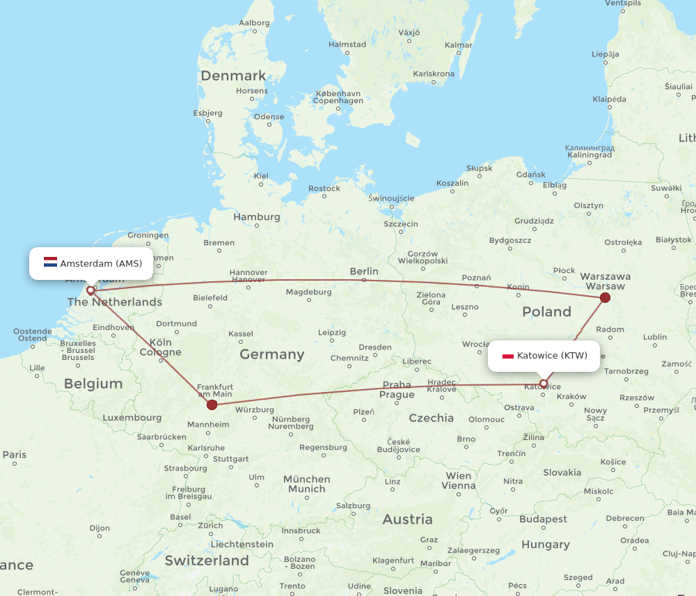 AMS to KTW flights and routes map