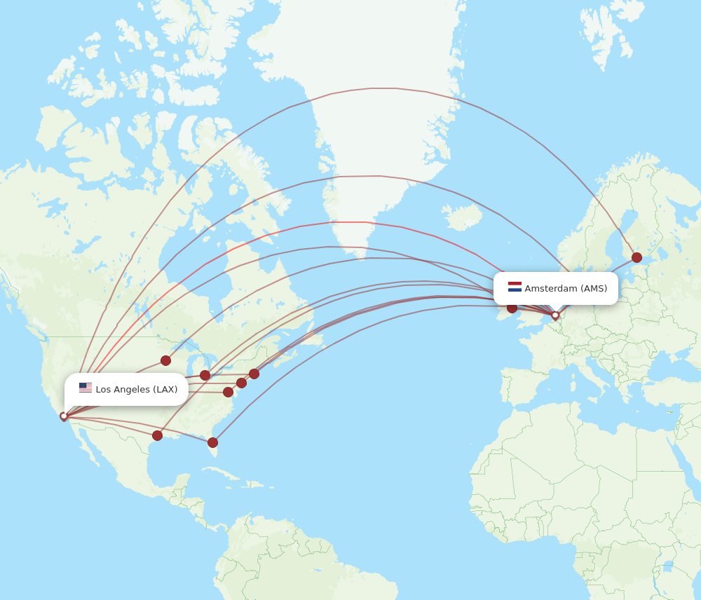 AMS to LAX flights and routes map