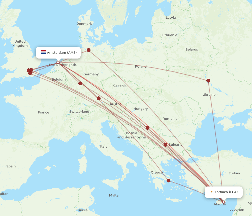 AMS to LCA flights and routes map