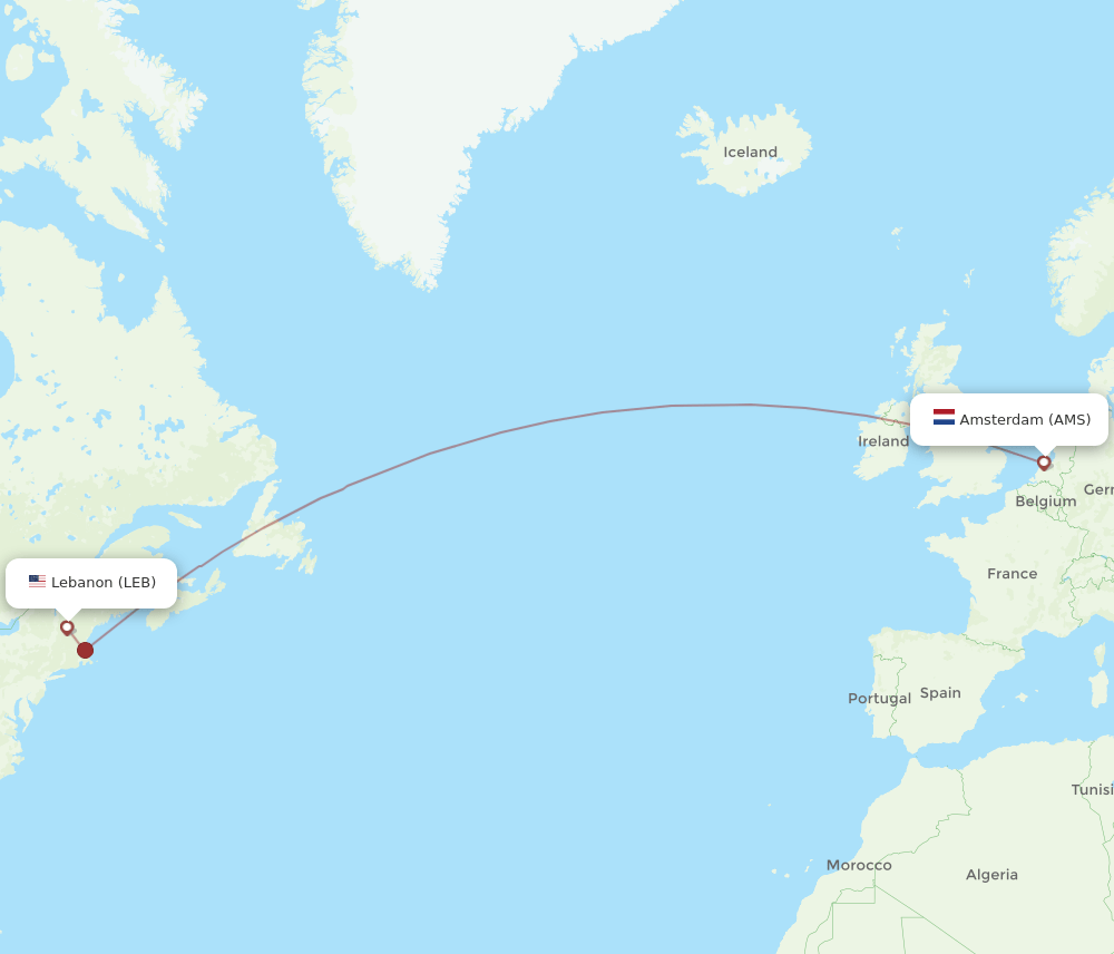 AMS to LEB flights and routes map