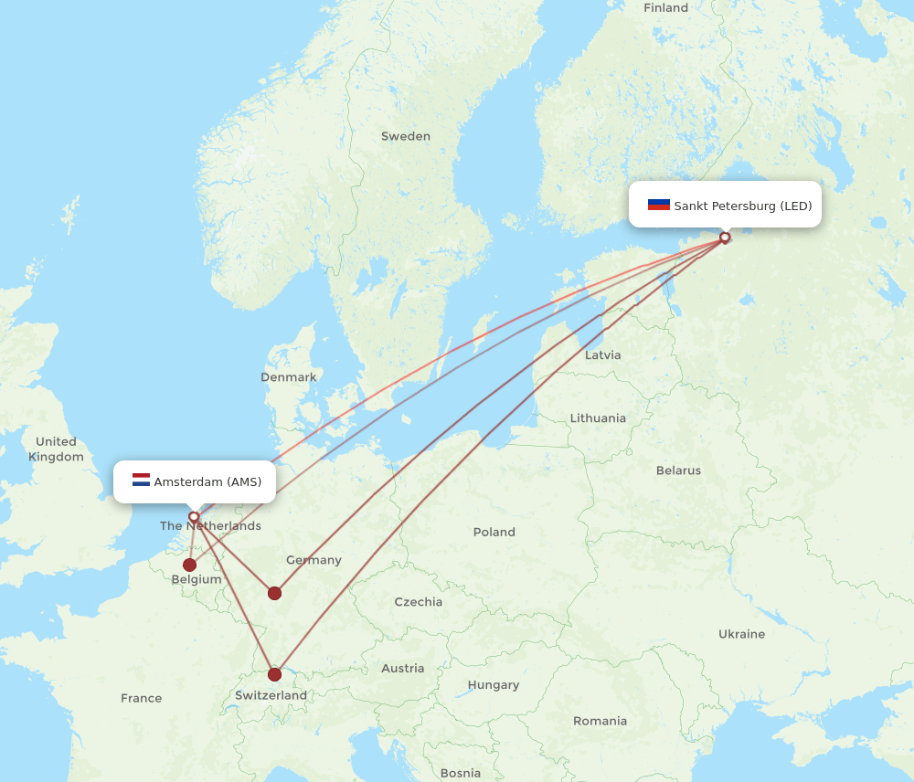 Amsterdam - Saint Petersburg route map and flight paths