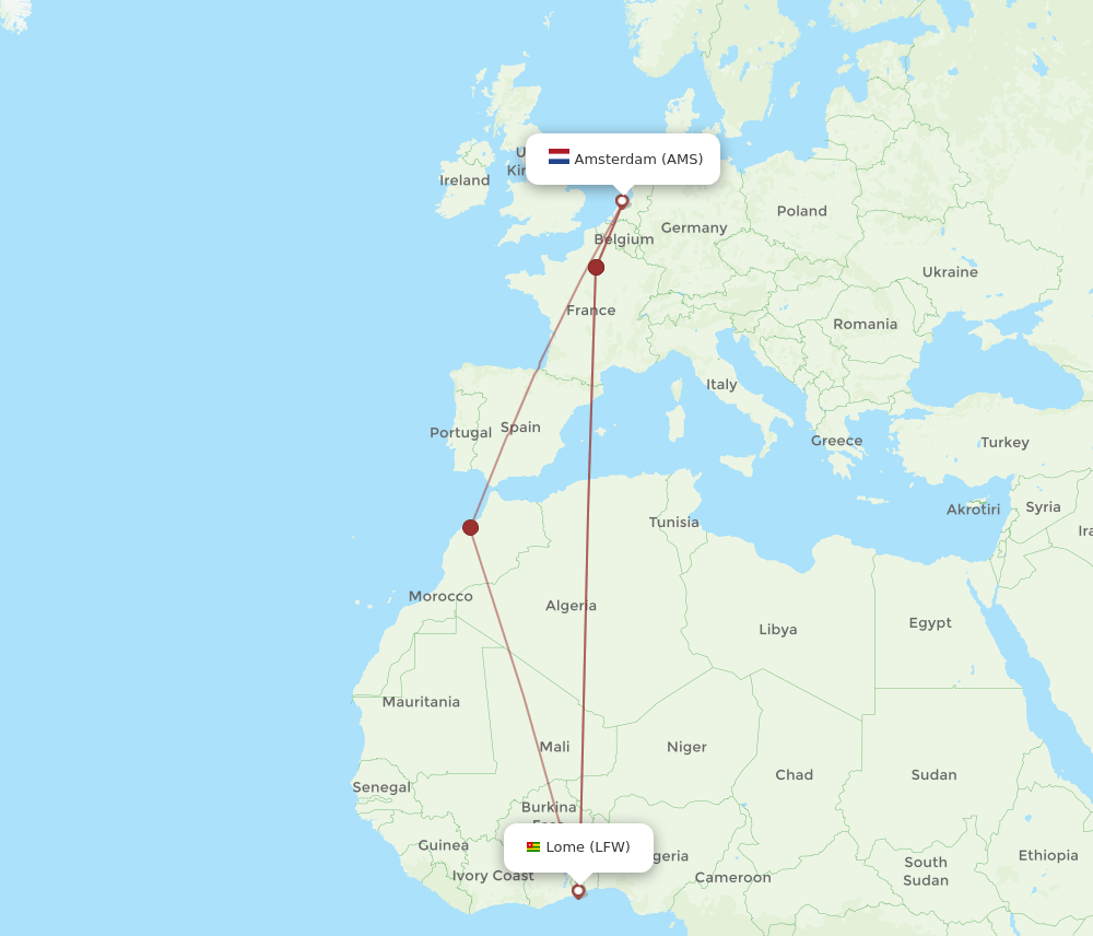 AMS to LFW flights and routes map