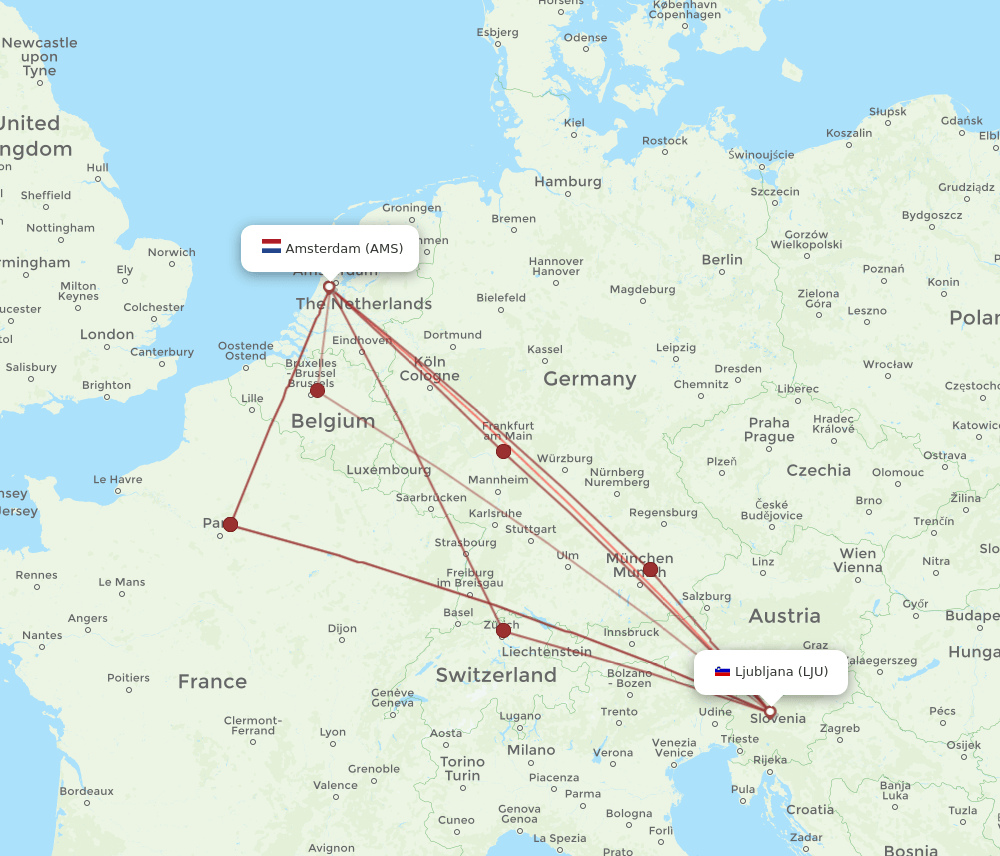 AMS-LJU flight routes