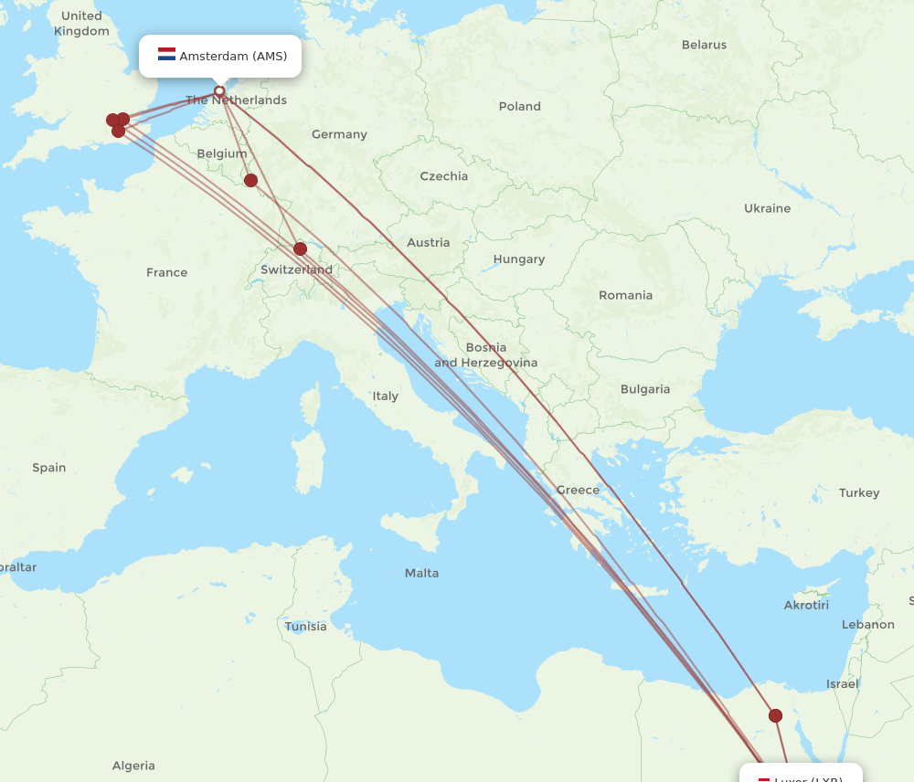 AMS-LXR flight routes